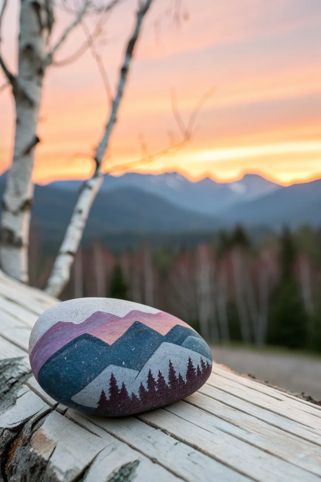 Sunset mountain layers rock painting: dusky peaks, glowing gradient sky, crisp snowcap contrast.