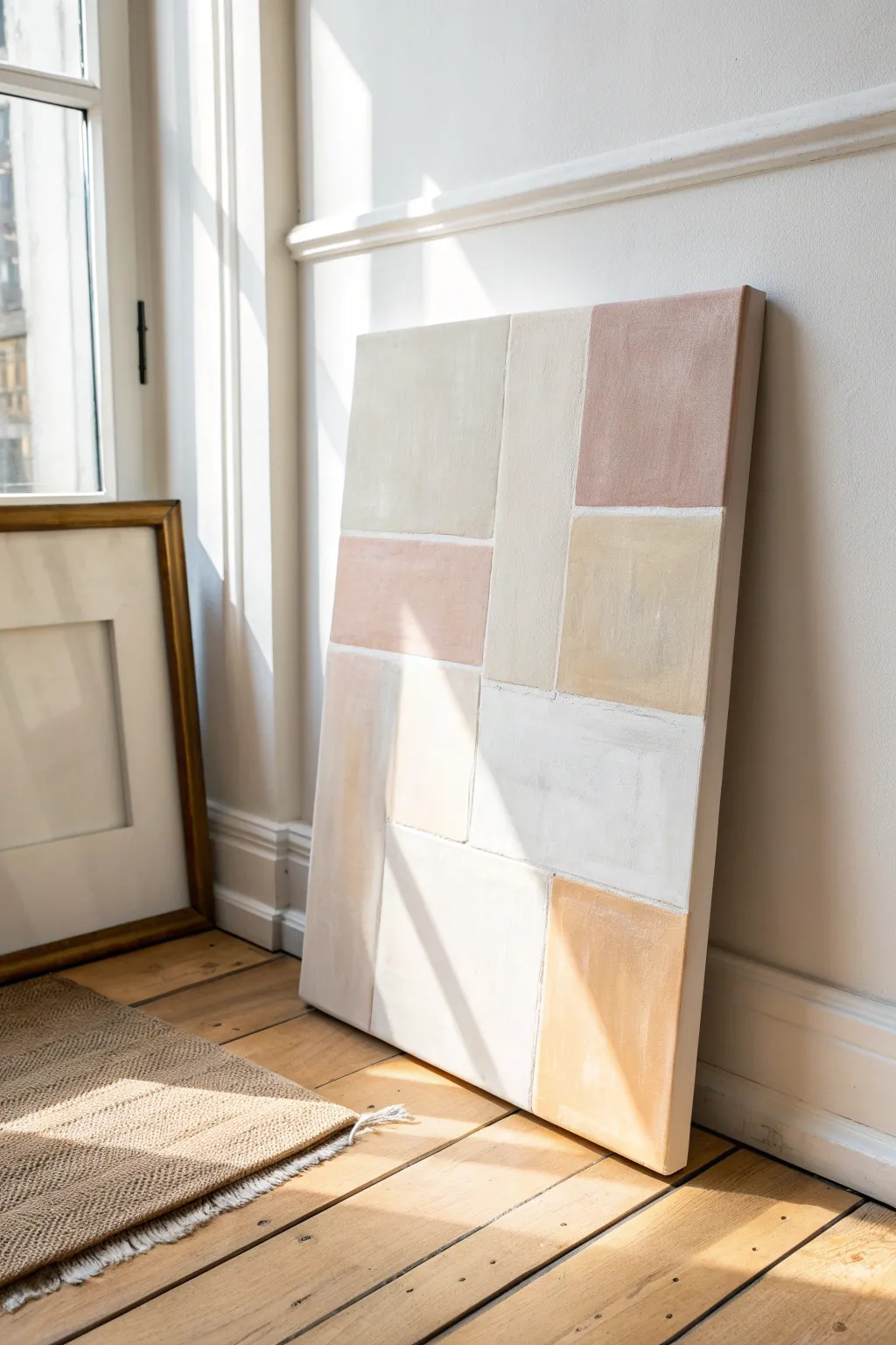 Soft neutral color blocks in beige, cream and greige for calm Scandinavian-inspired wall art.