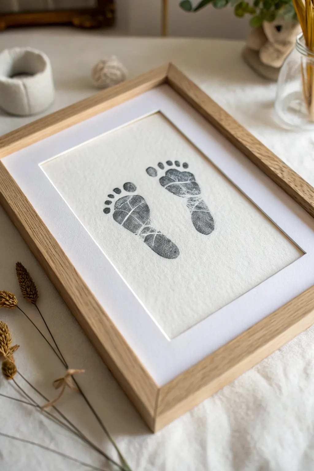 Classic newborn footprint keepsake in a simple frame, minimal and timeless with soft contrast