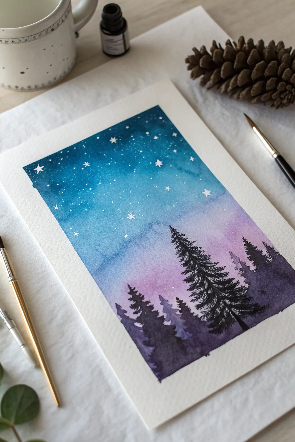 Classic starry gradient night sky with bold pine silhouette, minimalist and dreamy for easy painting.