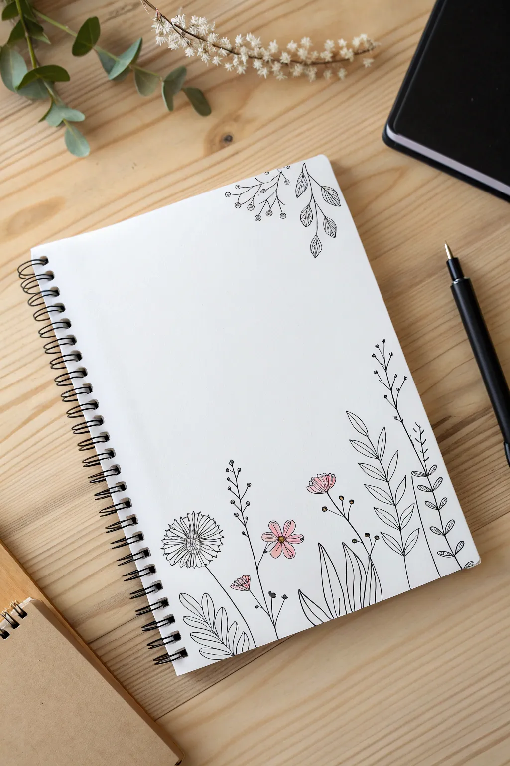 Simple floral corner doodles on a clean notebook cover, perfect for minimalist boho vibes.