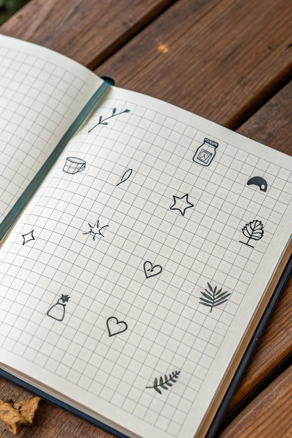 Minimal icon grid doodles in a clean notebook page for simple, satisfying drawing practice.