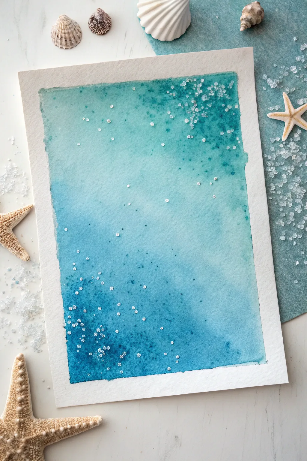 Salt-textured watercolor ocean wash with sparkling blooms and minimalist sea creature cutouts.