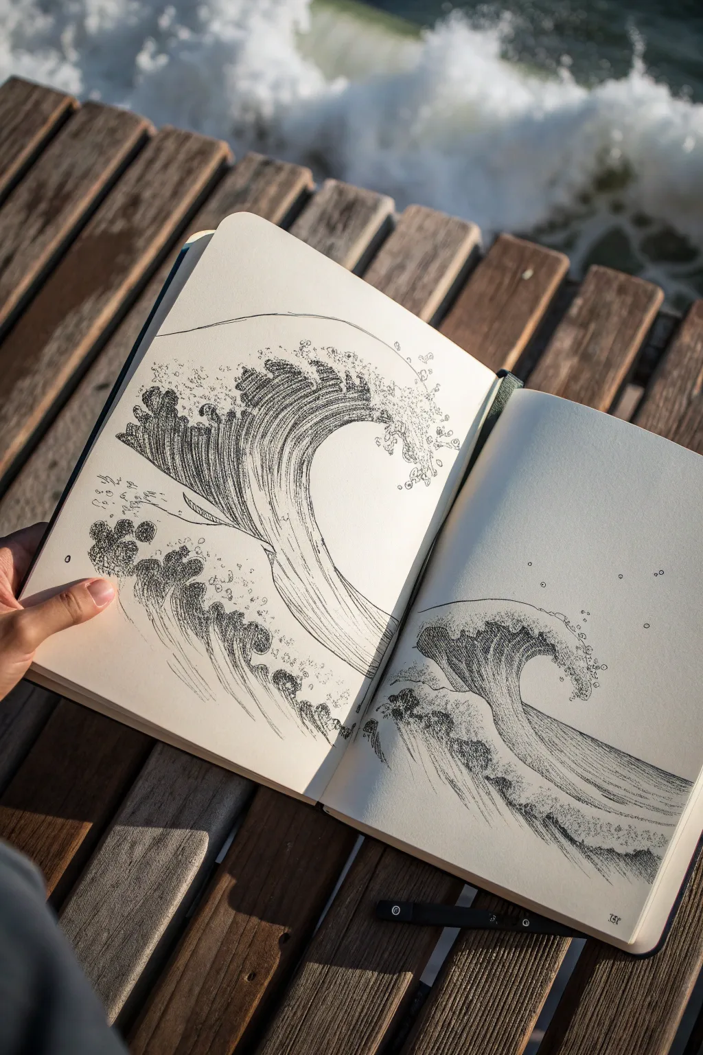 Classic rolling wave studies in clean linework and foam shading for ocean drawing practice