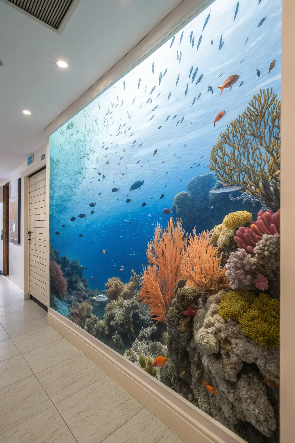 Classic coral reef panorama mural with vivid corals and serene blue depth, clean and boho-light.