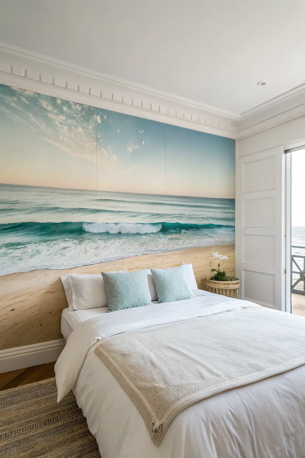Crisp beach horizon mural accent wall for an instant vacation vibe in a minimalist bedroom