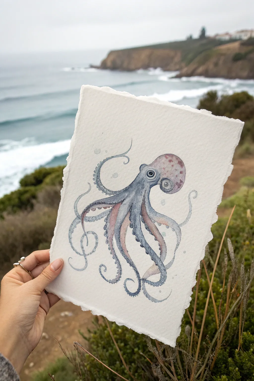 Classic watercolor octopus with airy tentacles, transparent washes, and minimalist Scandinavian calm