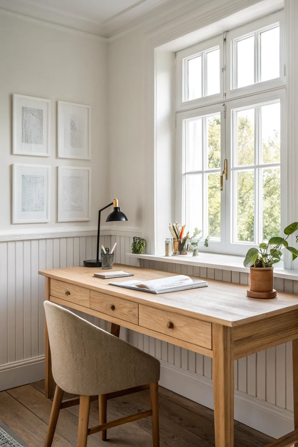 Warm white walls with crisp trim set an airy, classic backdrop for a minimalist desk moment.
