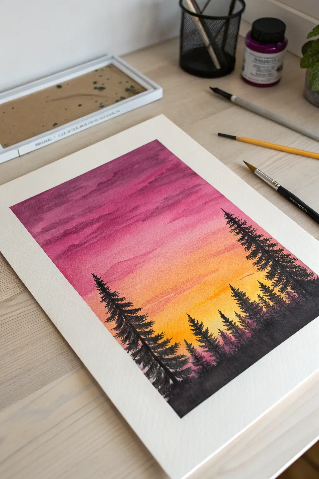 Warm oil pastel sunset gradient with bold black tree silhouettes and visible hand-blended texture