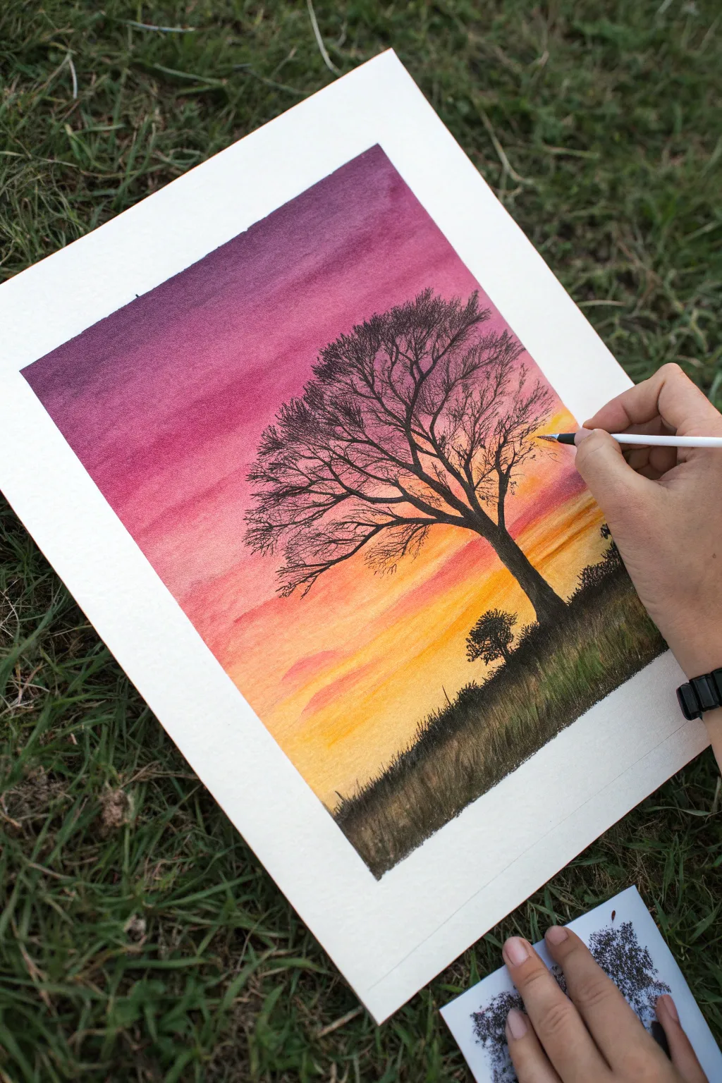 Dreamy oil pastel sunset gradient with a bold tree silhouette, blended softly by hand.
