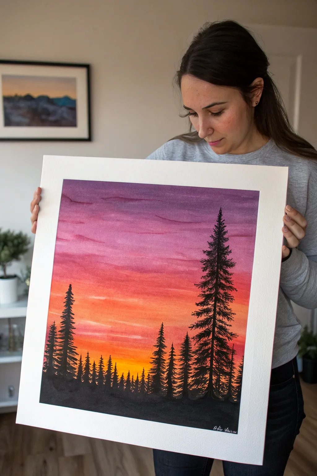 Create bold sunset gradients with crisp silhouettes in soothing minimalist oil pastel style.