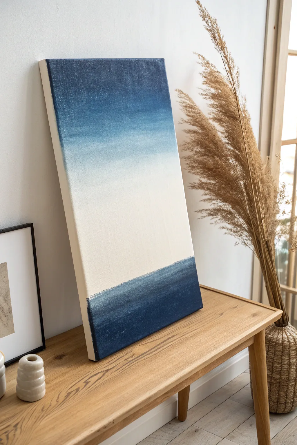 Classic vertical ombre canvas: deep indigo to airy white with soft brush-blended strokes