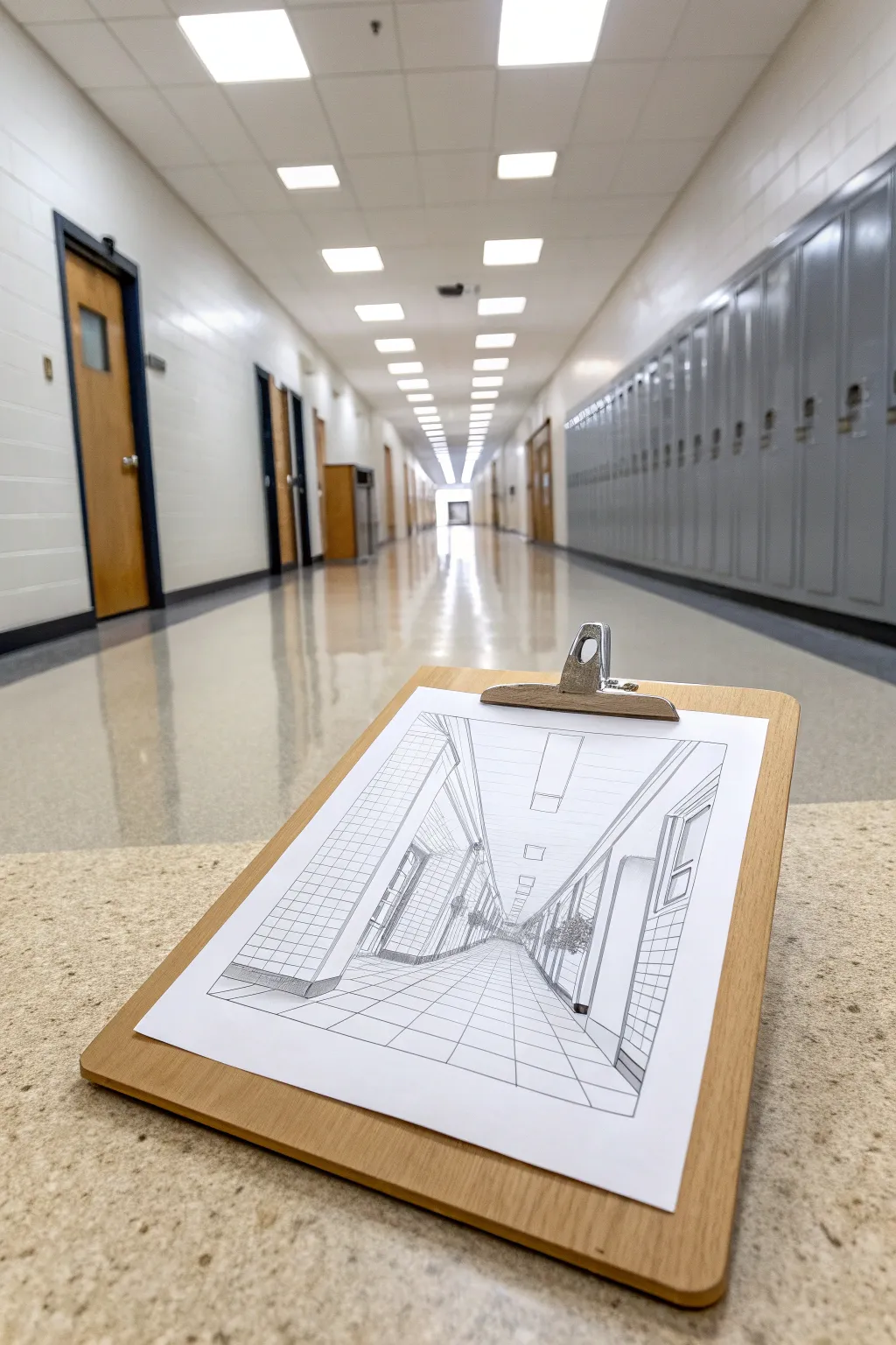 Crisp one point perspective hallway sketch, bright and minimal with a soft Scandinavian boho feel