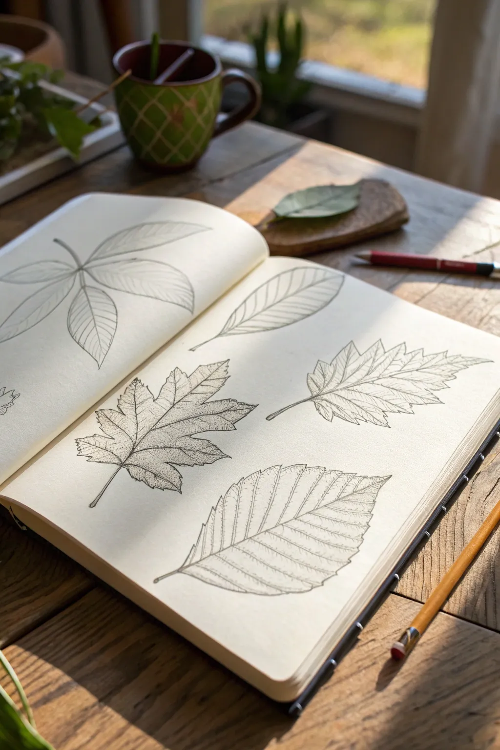 Simple leaf contour line studies on a bright sketchbook page, airy, minimal, sunlit calm