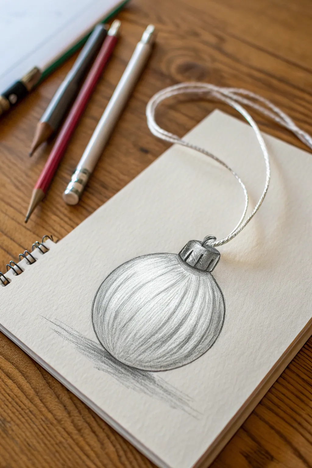 Classic round ornament sketch with loop and softly curved hanging string in minimalist style