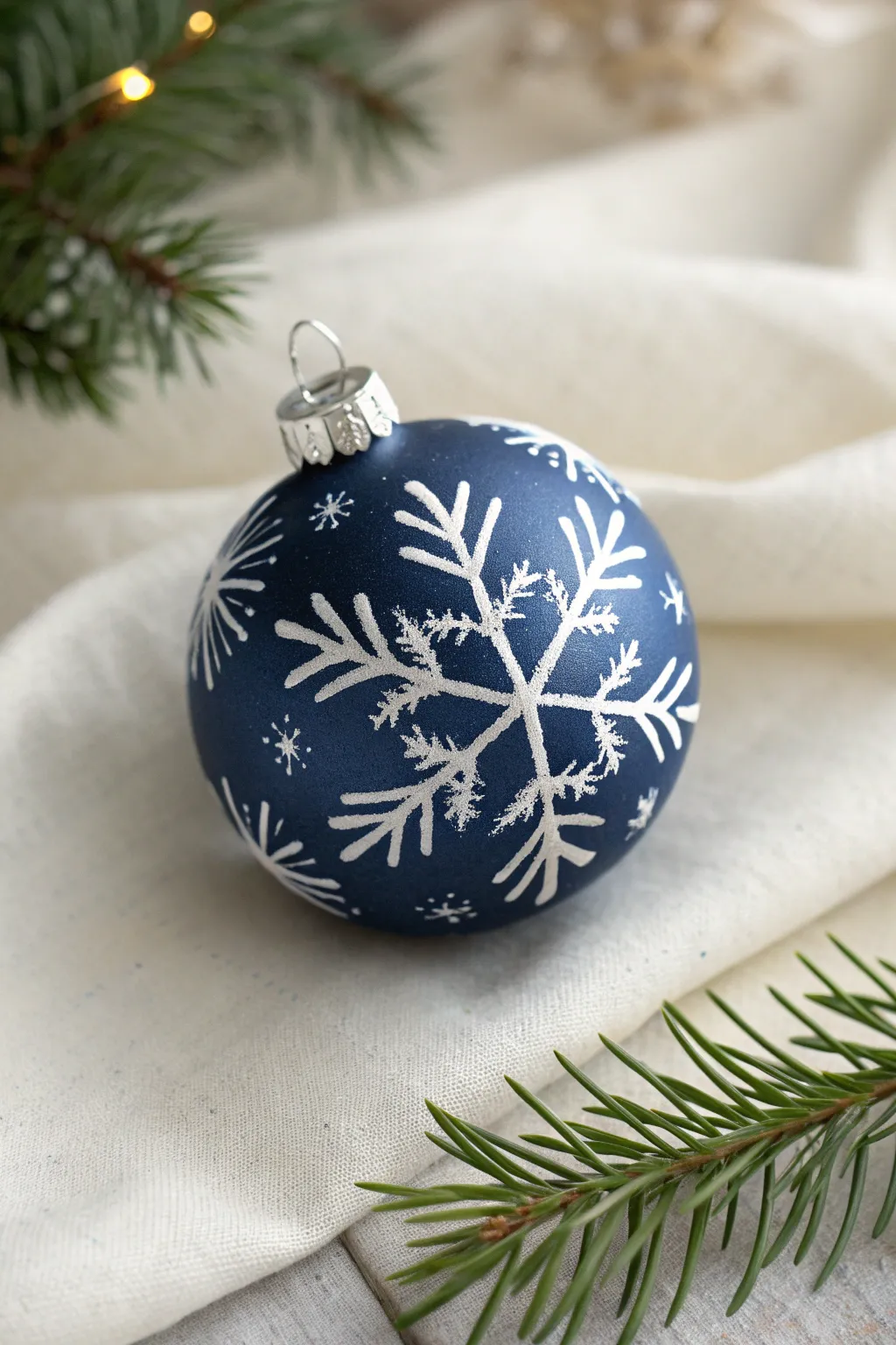 Crisp white snowflake on a navy ornament, minimalist winter craft flat lay with cozy details.