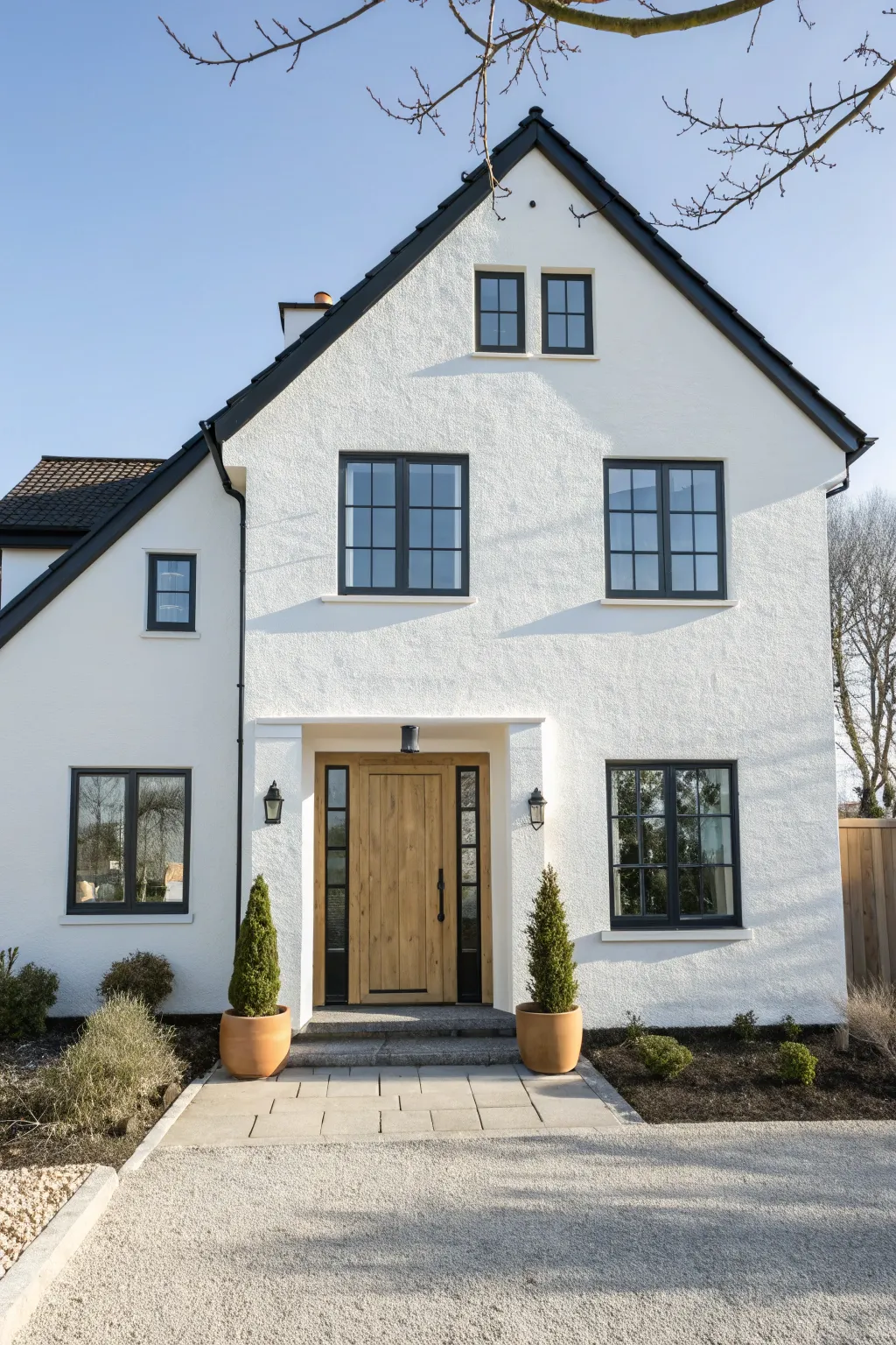 Classic white exterior with charcoal trim, crisp lines and morning light for outdoor painting ideas