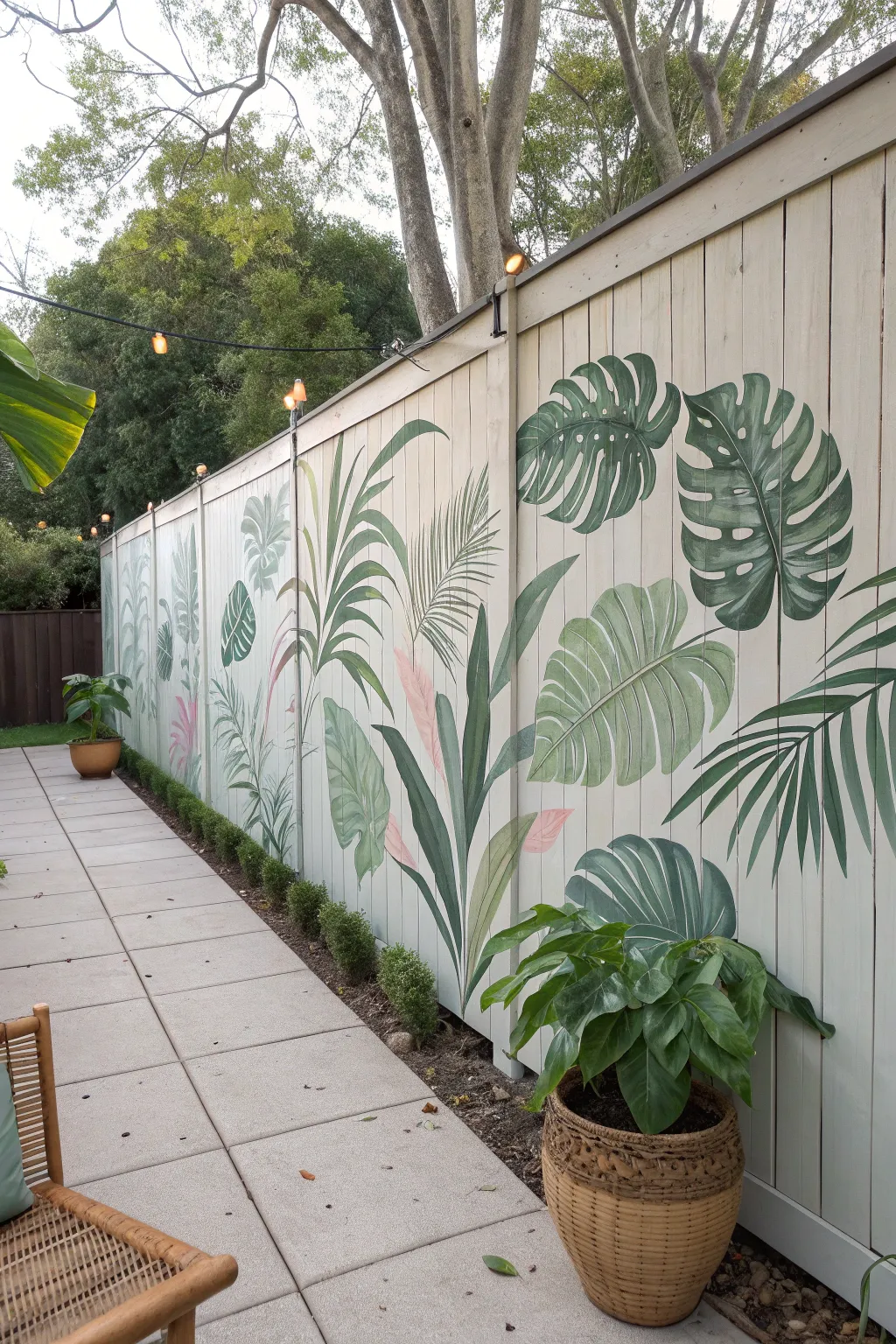 Lush leafy fence mural with soft florals and matching planters for a serene garden vibe