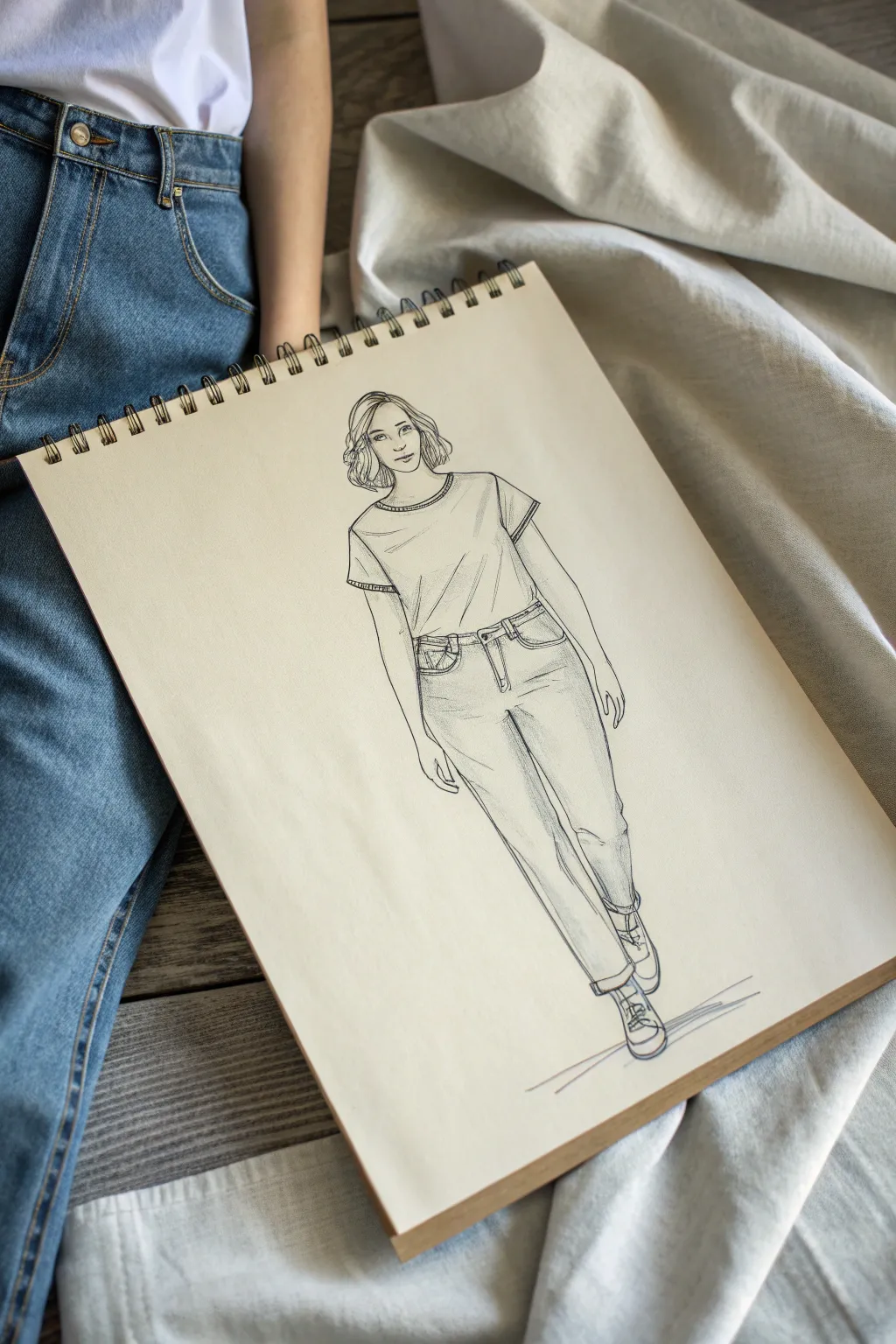 Classic tee and jeans figure sketch with crisp seams and soft denim folds in minimalist style