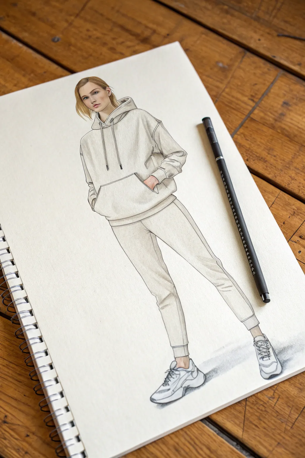 Casual outfit sketch: oversized hoodie, sleek leggings, and simple sneakers in minimalist style.