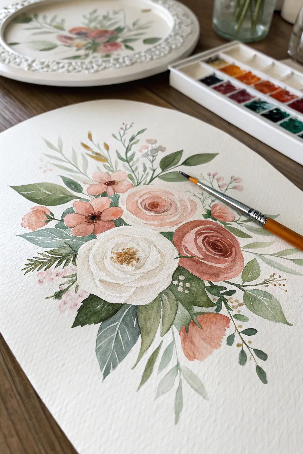 Centered oval bouquet with soft fades and calm negative space, perfect minimalist boho vibes.