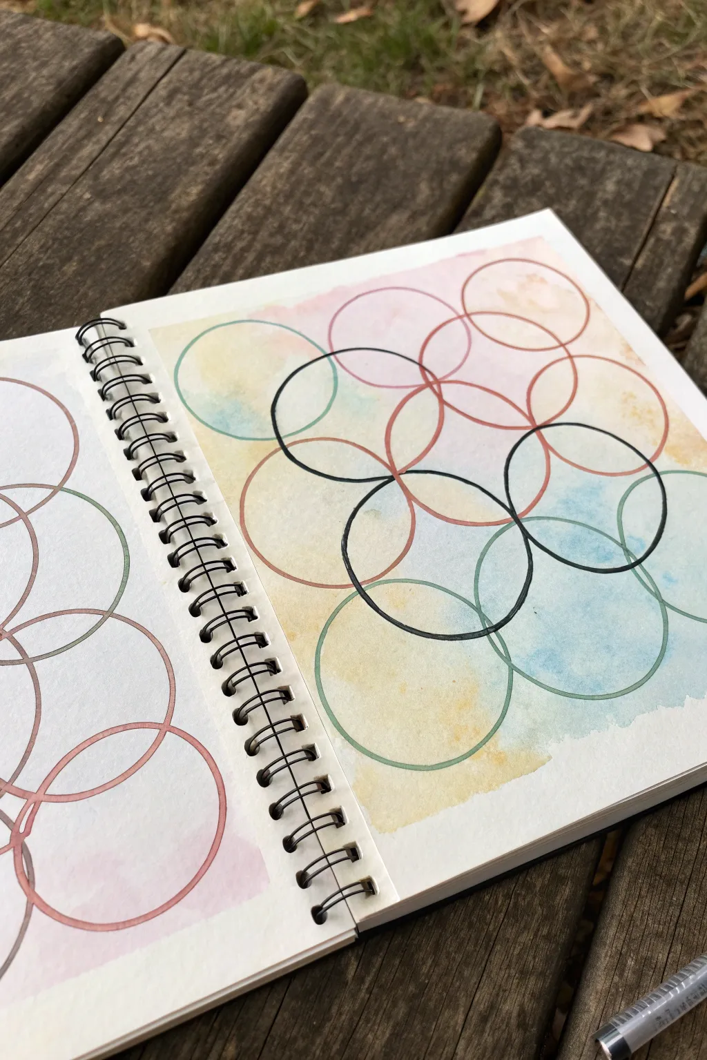 Overlapping circles color-mix study with bold outlines and cozy muted hues for easy practice