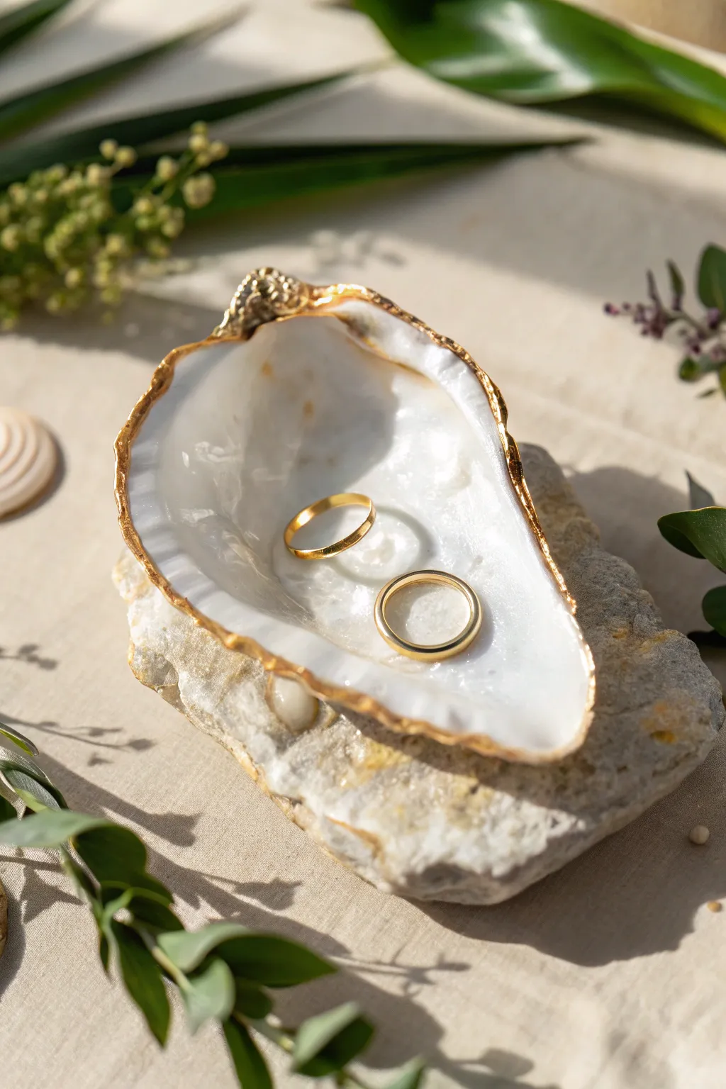 Gilded-edge oyster shell dish in crisp white, holding rings in warm sunlight, minimalist boho.