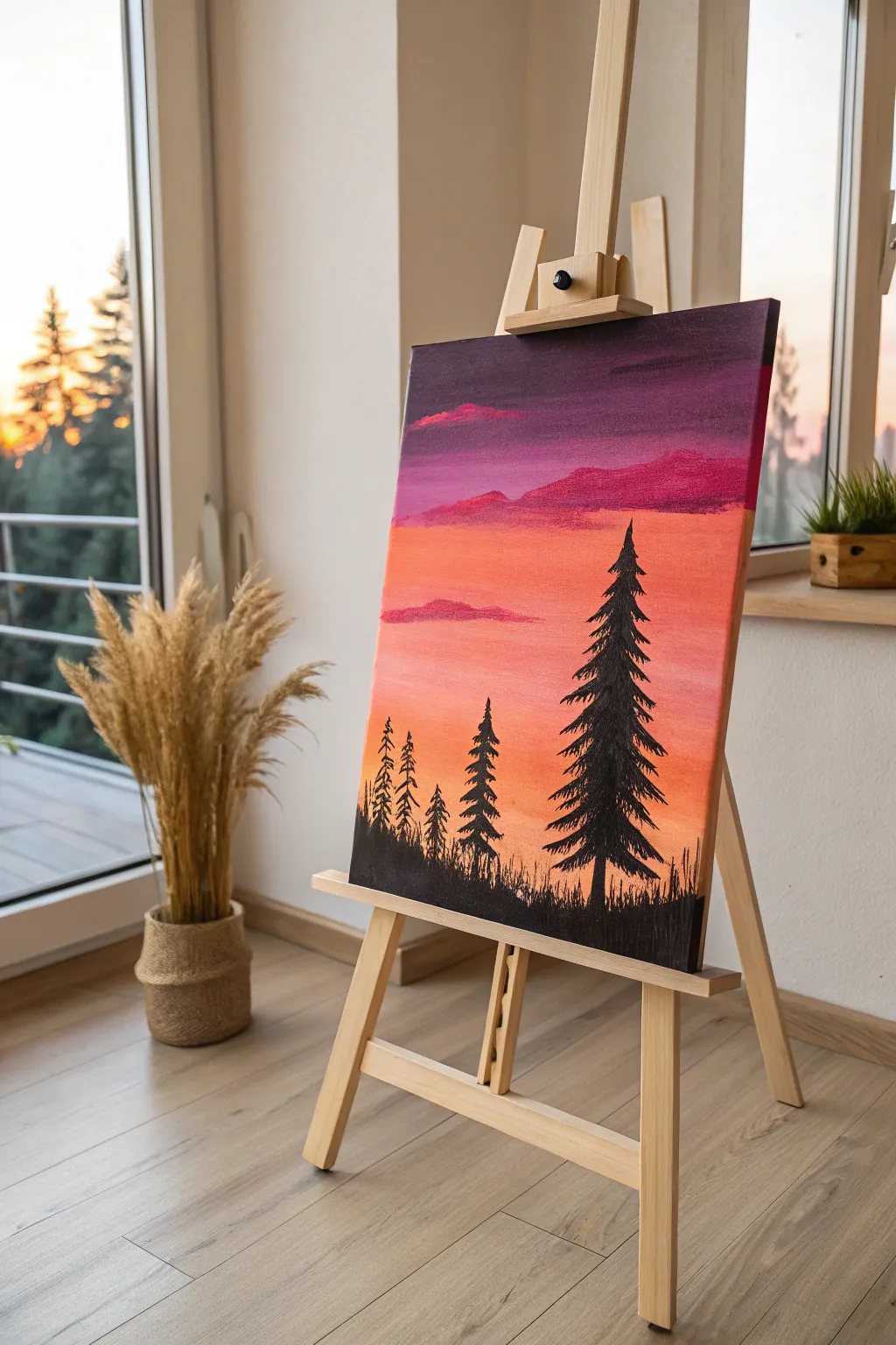 Bold sunset gradient with crisp black tree silhouette, a high-contrast paint and sip favorite