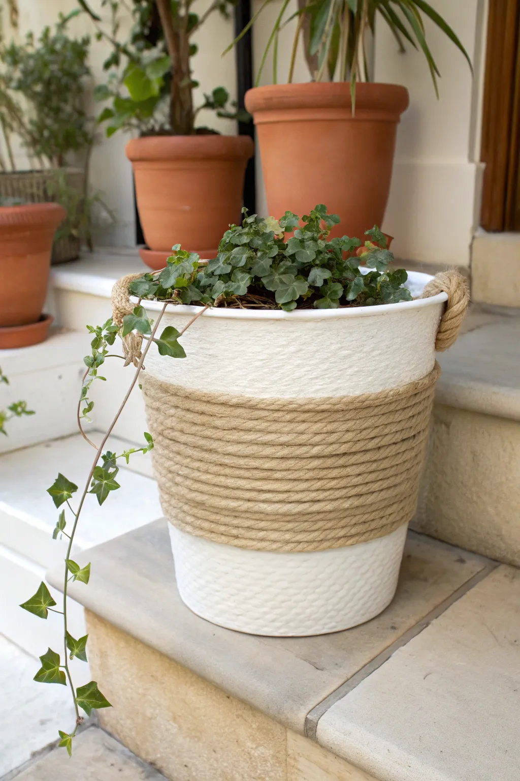 Rope-wrapped paint bucket planter with lush greenery, minimal patio styling and warm boho texture