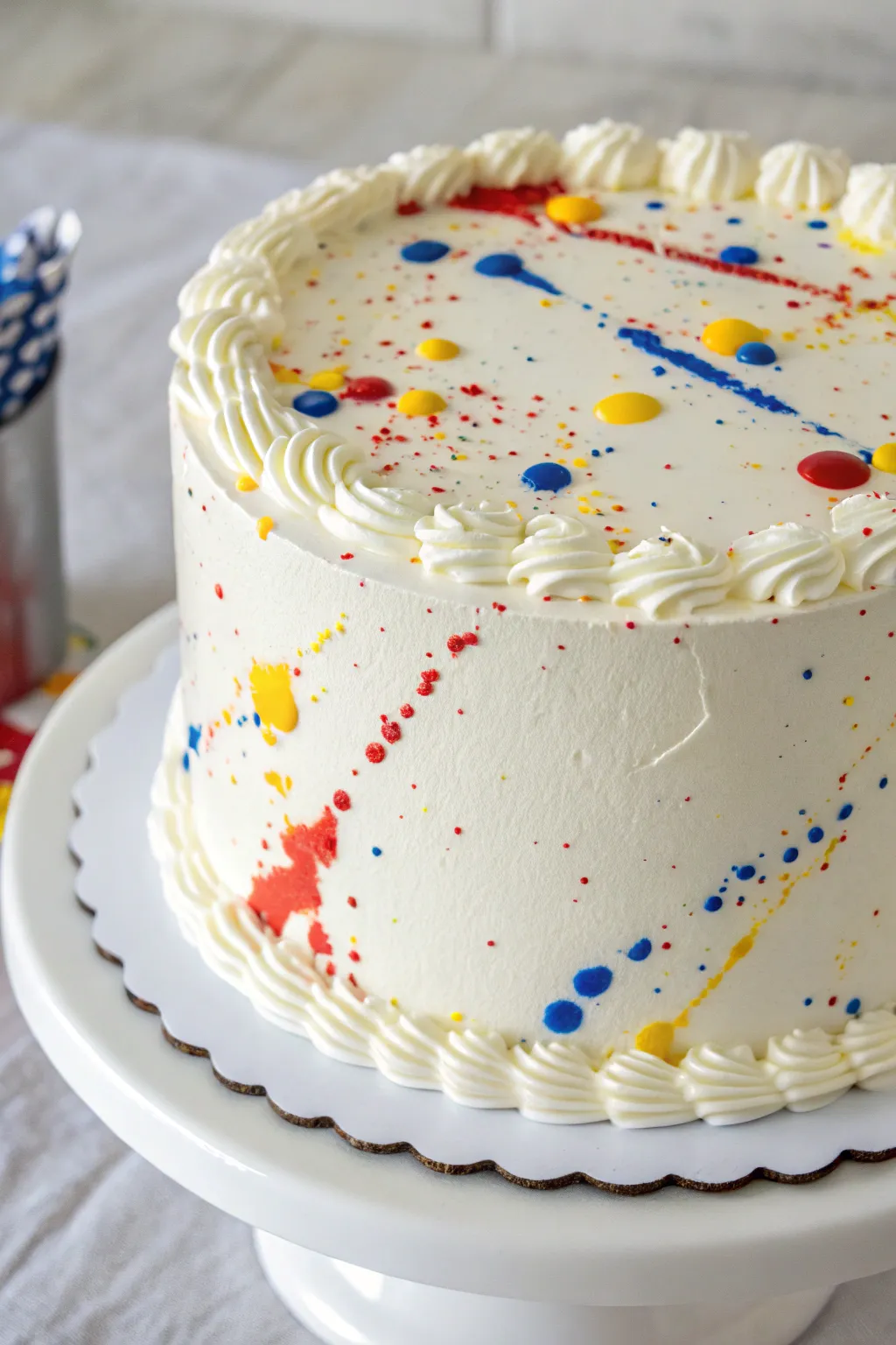 Classic white cake with artistic paint splatters, minimalist styling and bold color contrast.