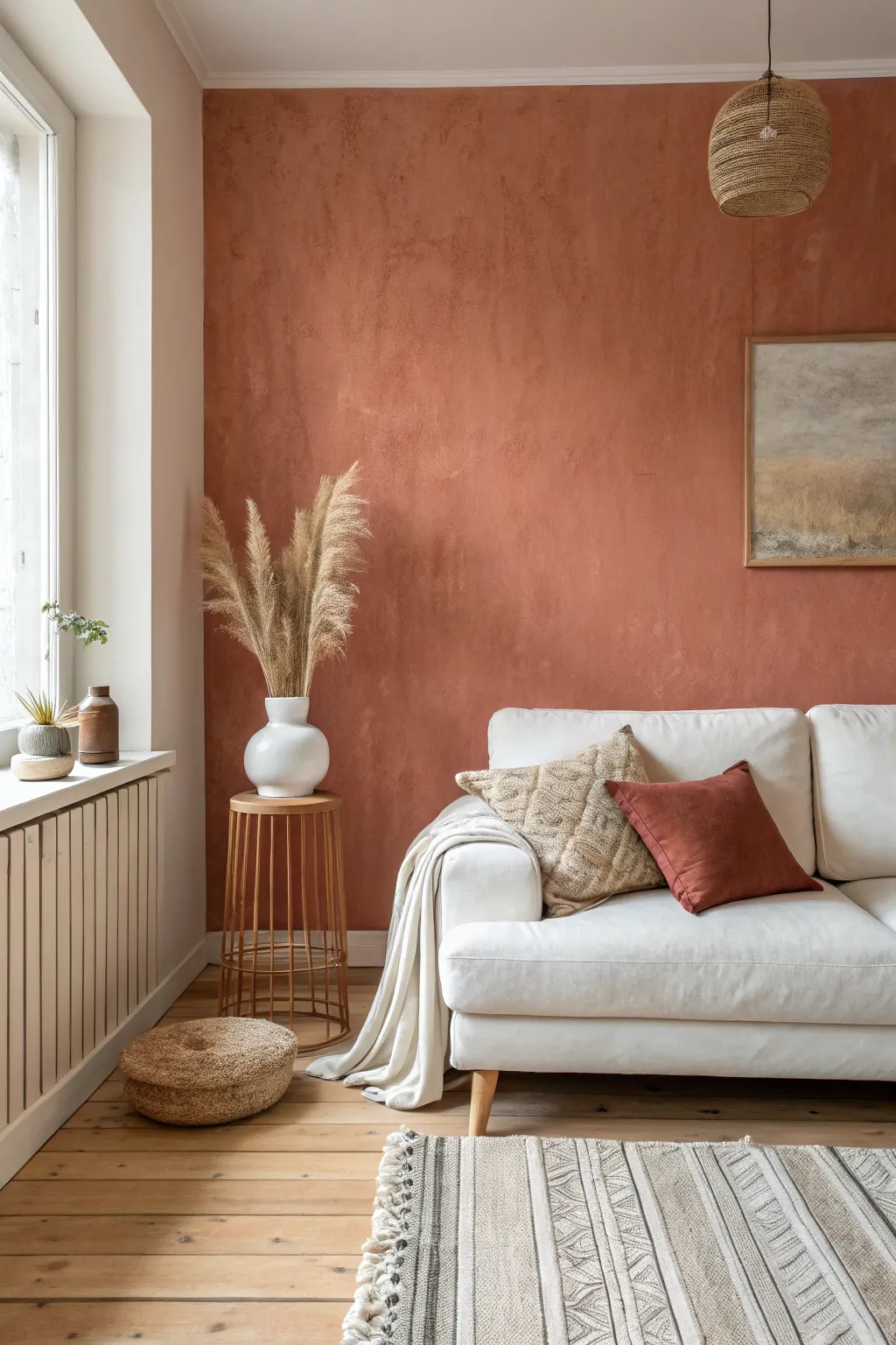 Bold terracotta accent wall paired with soft blush-beige for a cozy minimal boho corner.
