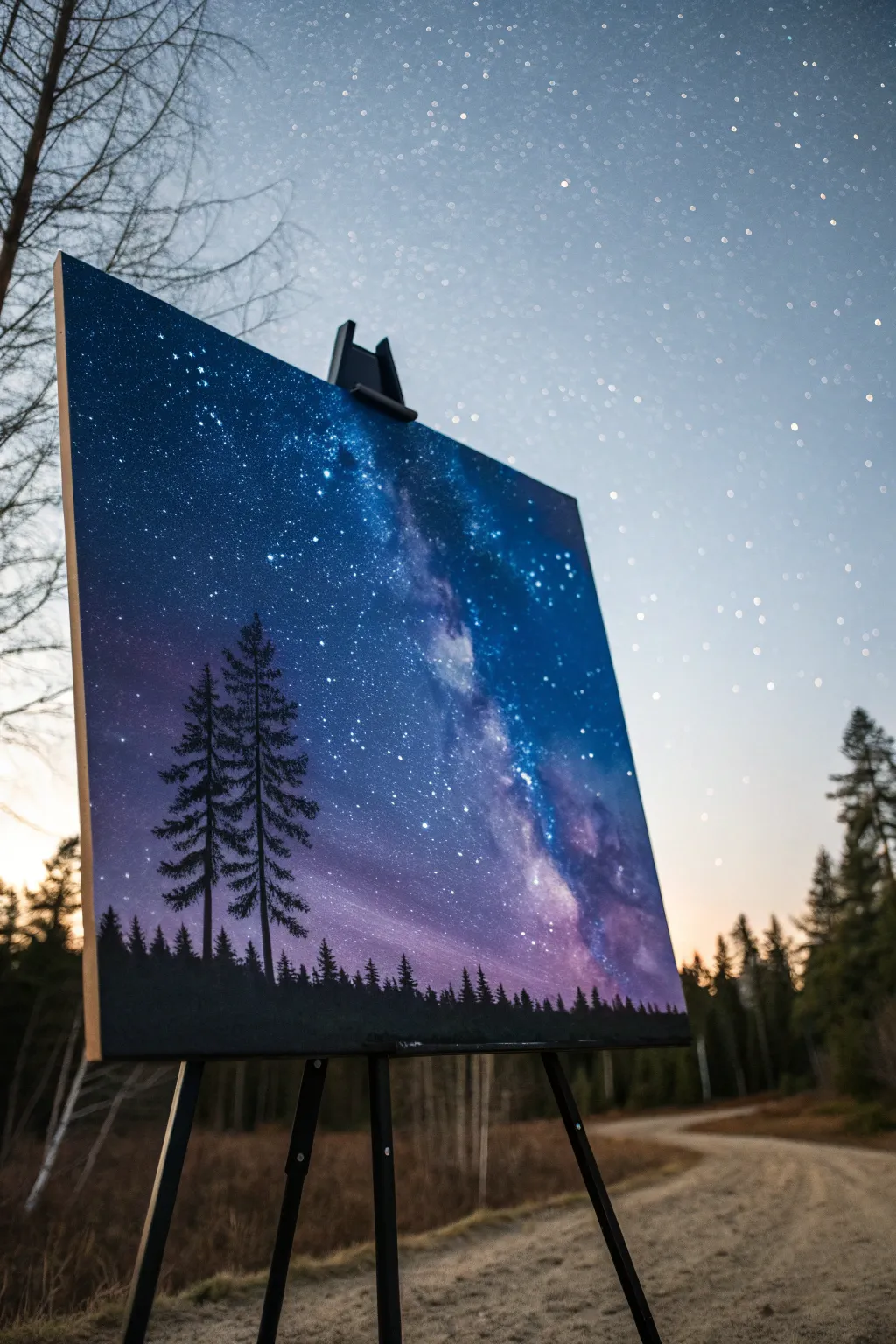 Blend deep blues and purples into a starry sky, then add crisp pine silhouettes for drama.