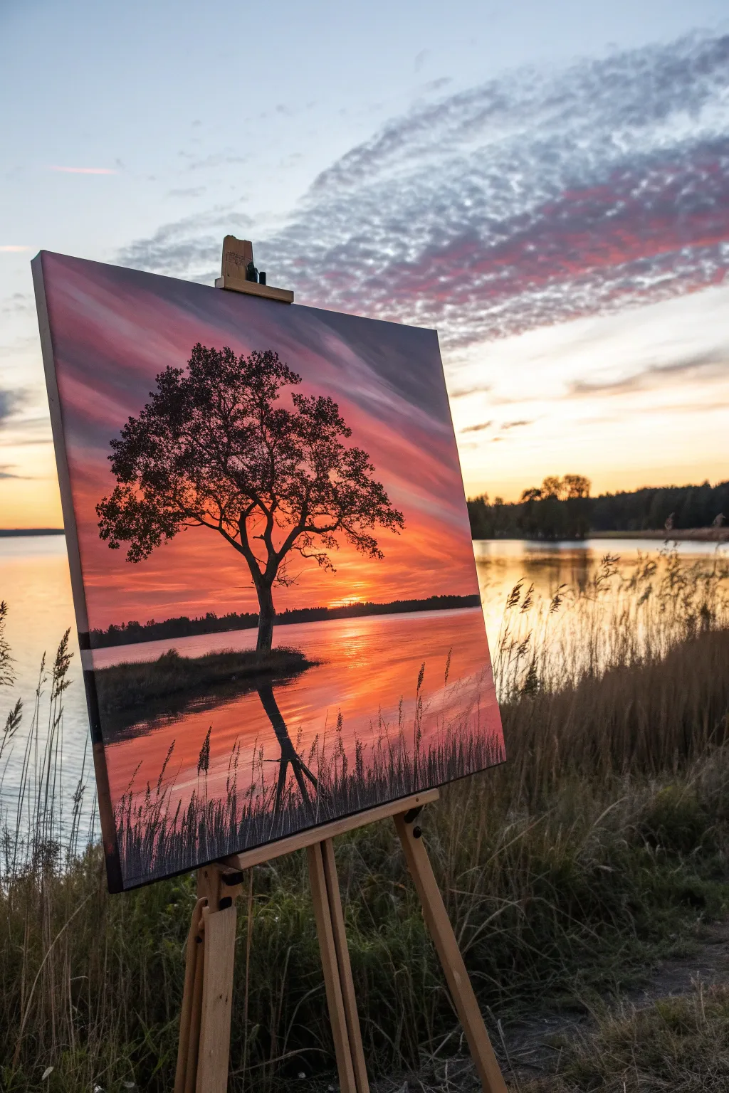 Classic sunset silhouette lake painting idea with bold contrast and dreamy blended sky.