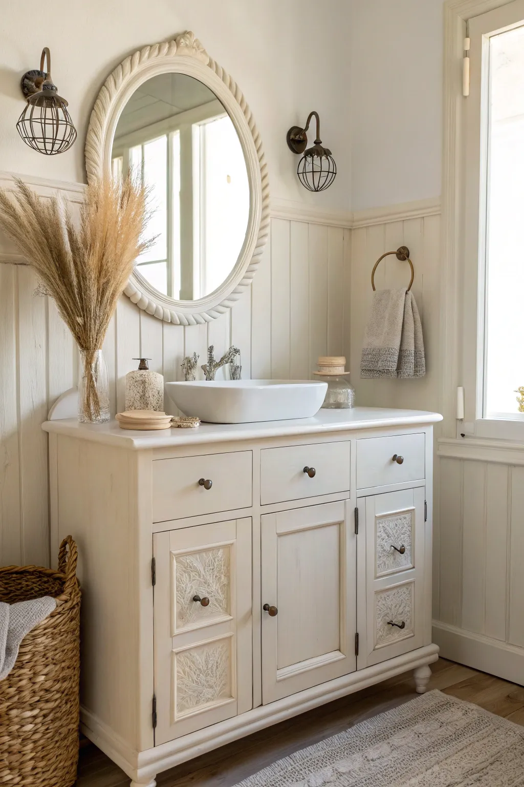 Soft white antique vanity refresh with a calm before and after inset for airy, feminine style