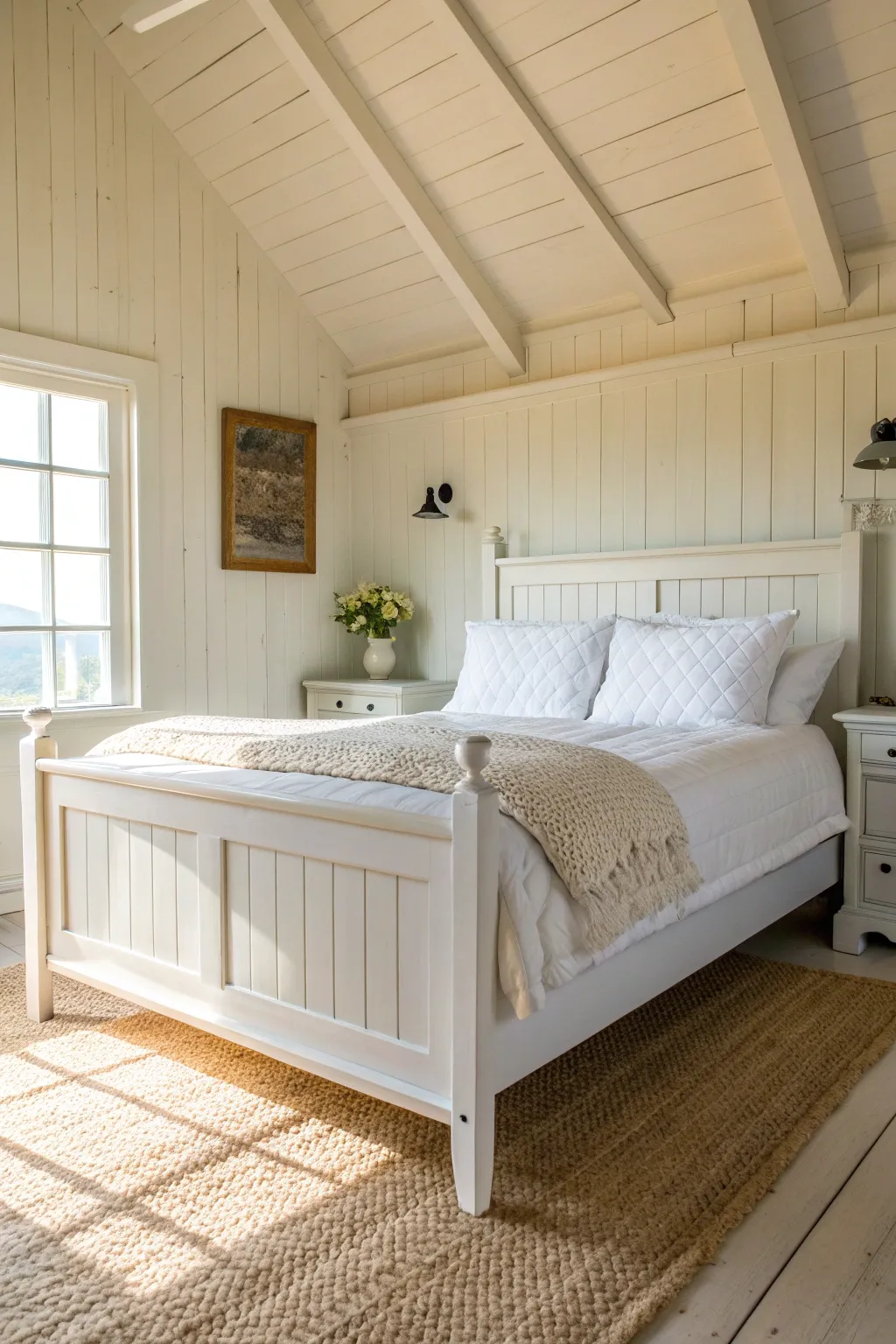 Crisp white bed frame makeover: airy cottage light, layered linens, and calm boho minimalism
