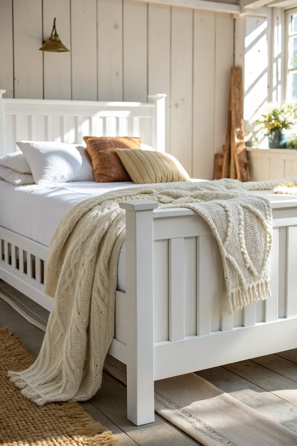 Crisp white painted bed with linen and chunky knit, Scandinavian calm with warm wood accents.