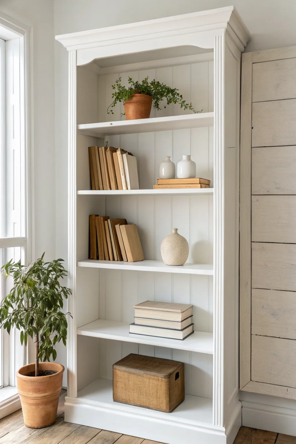 Classic crisp white bookcase, softly styled with plant and neutral ceramics to highlight the fresh paint.