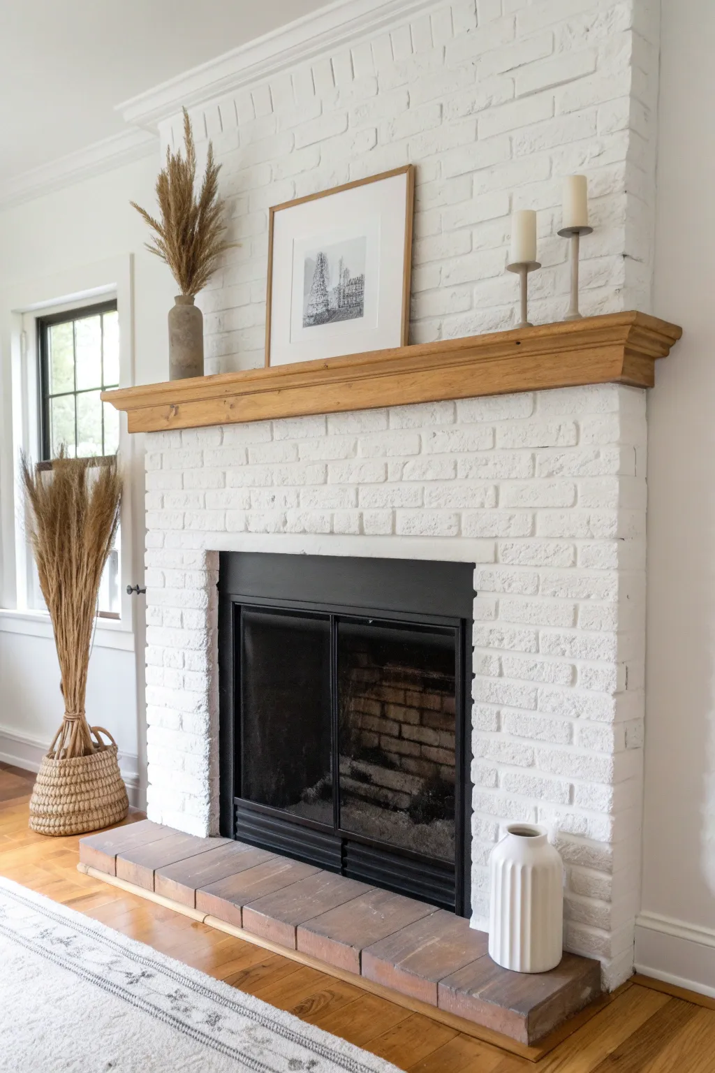 Crisp white painted brick fireplace with visible texture, oak mantel, airy minimal styling.