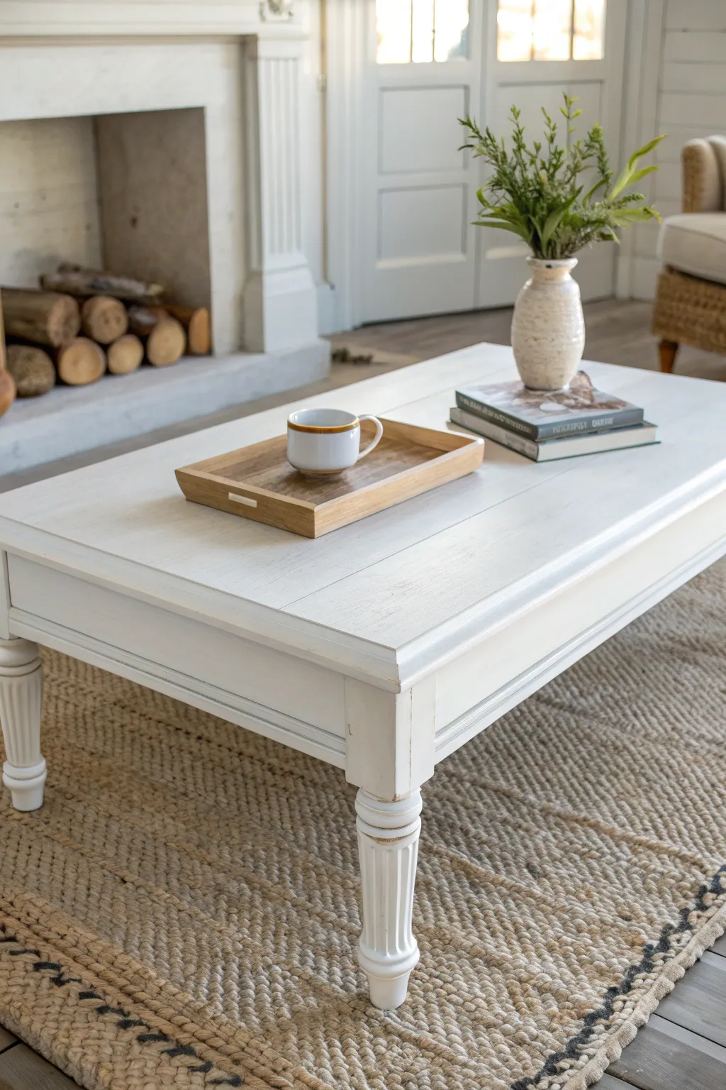 Classic white matte coffee table styled with warm wood and neutrals for a soft, intentional look