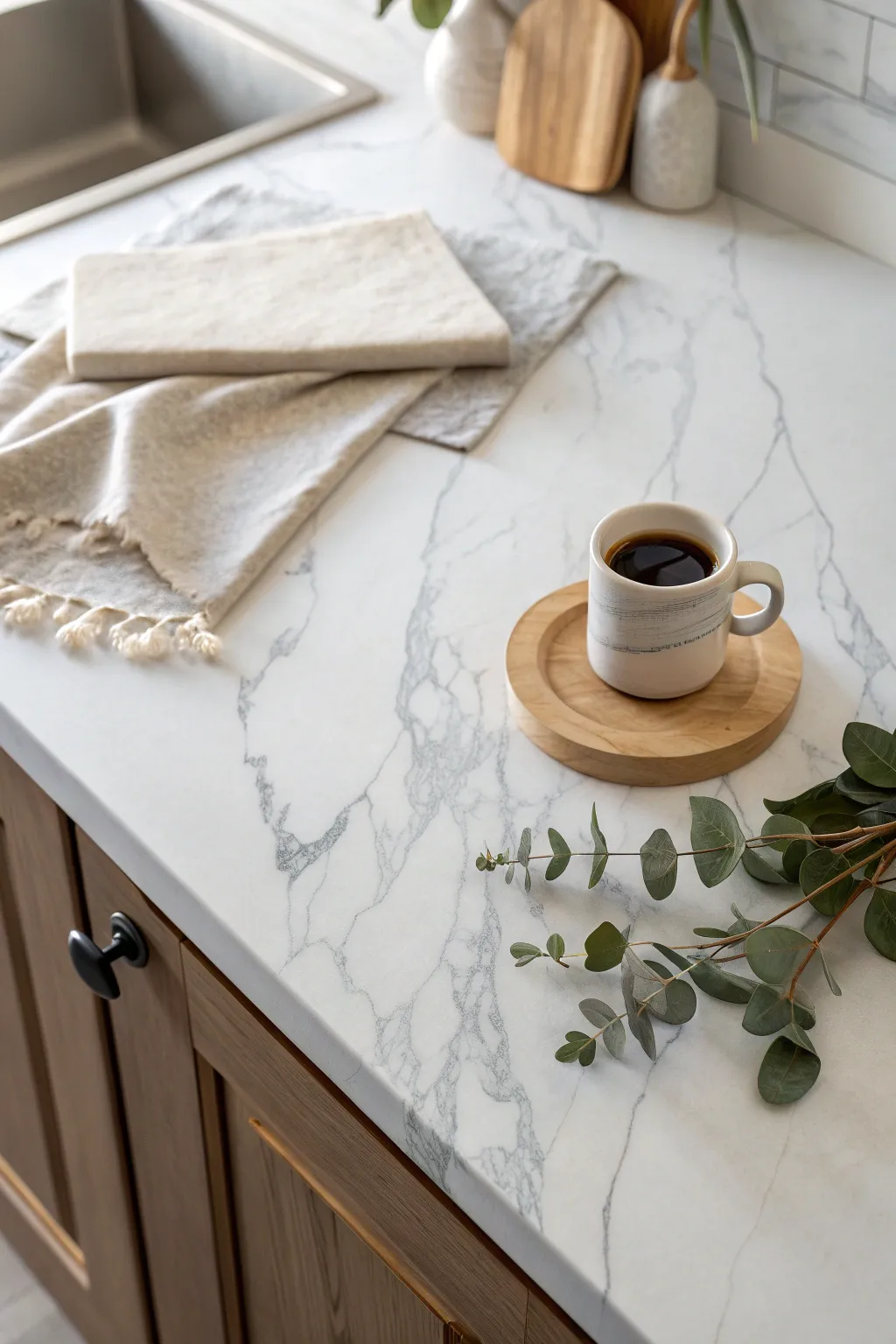 Classic white faux marble paint finish with soft gray veining that looks real in daylight
