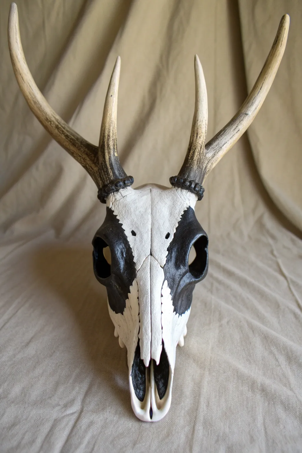 Classic black and white painted deer skull with crisp edges and minimalist Scandinavian mood