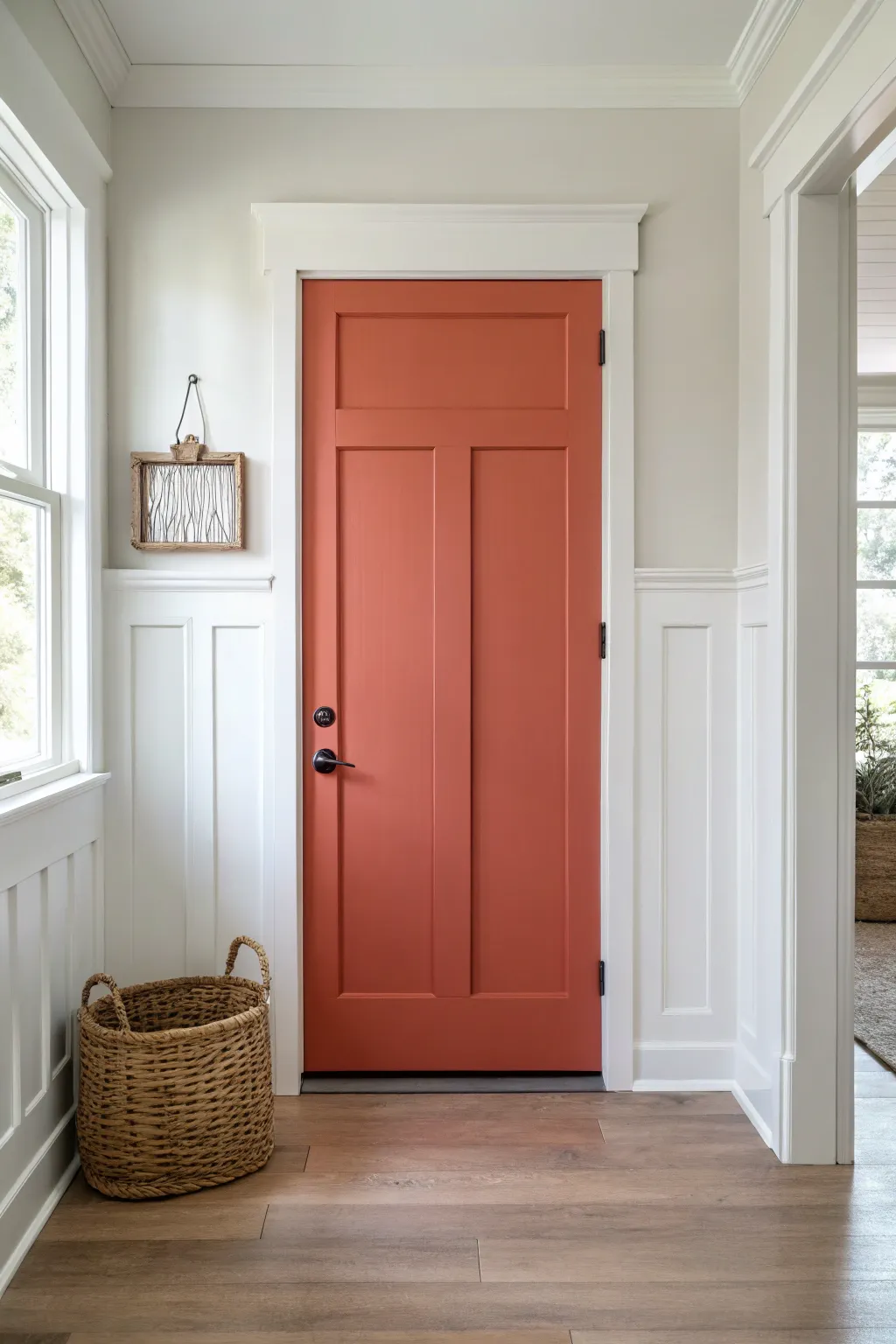 A bold solid-color door turns a calm neutral hallway into a classic statement focal point.