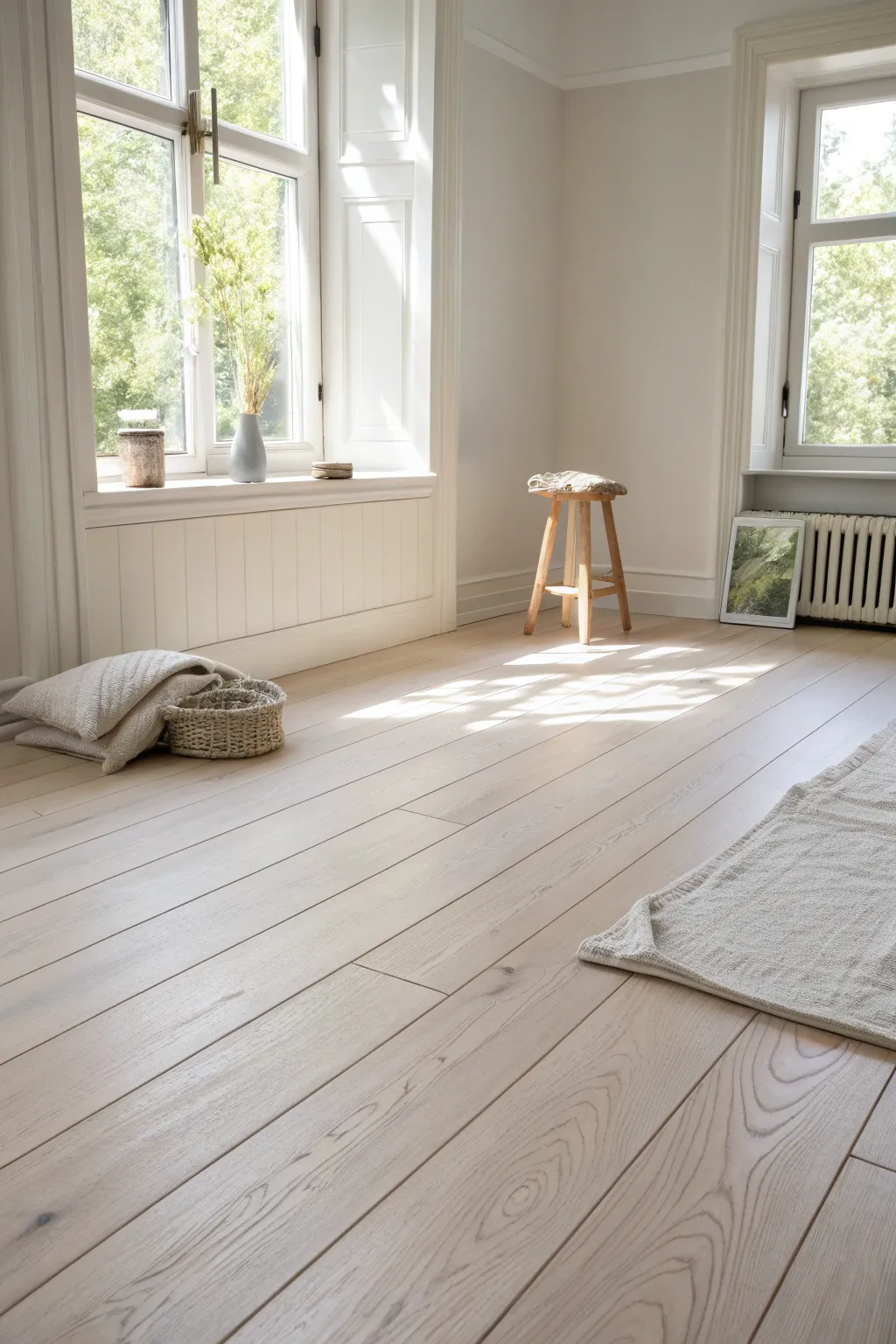 Solid-color painted plywood floor in warm greige, clean modern look with subtle seams