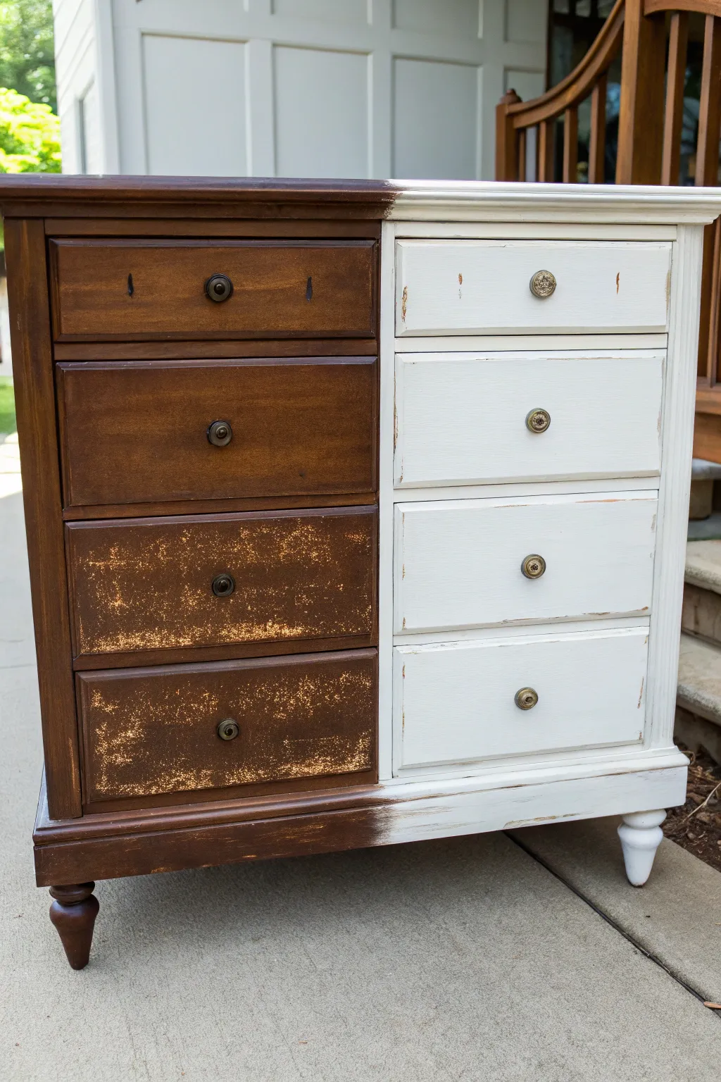 Before and after: brown wood dresser transformed into a crisp white classic with simple styling