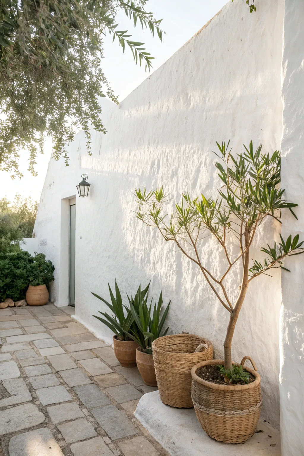 Crisp white garden wall glow-up that brightens the patio and makes greenery pop