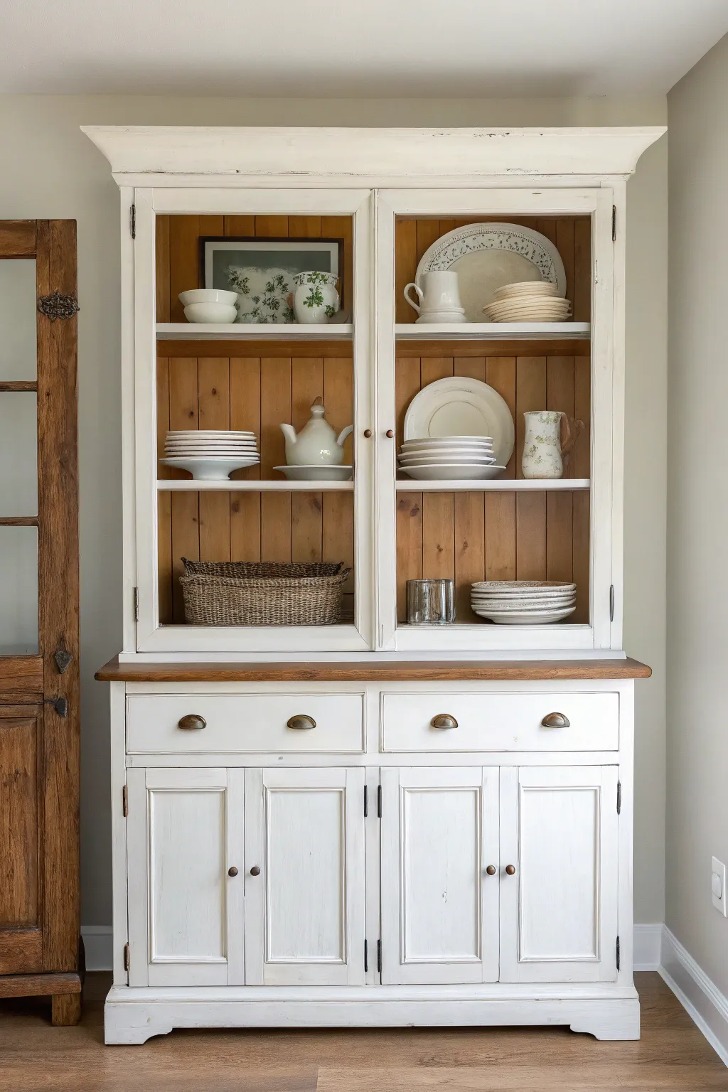 Classic before and after: wood hutch transformed to crisp white, softly styled in warm window light.