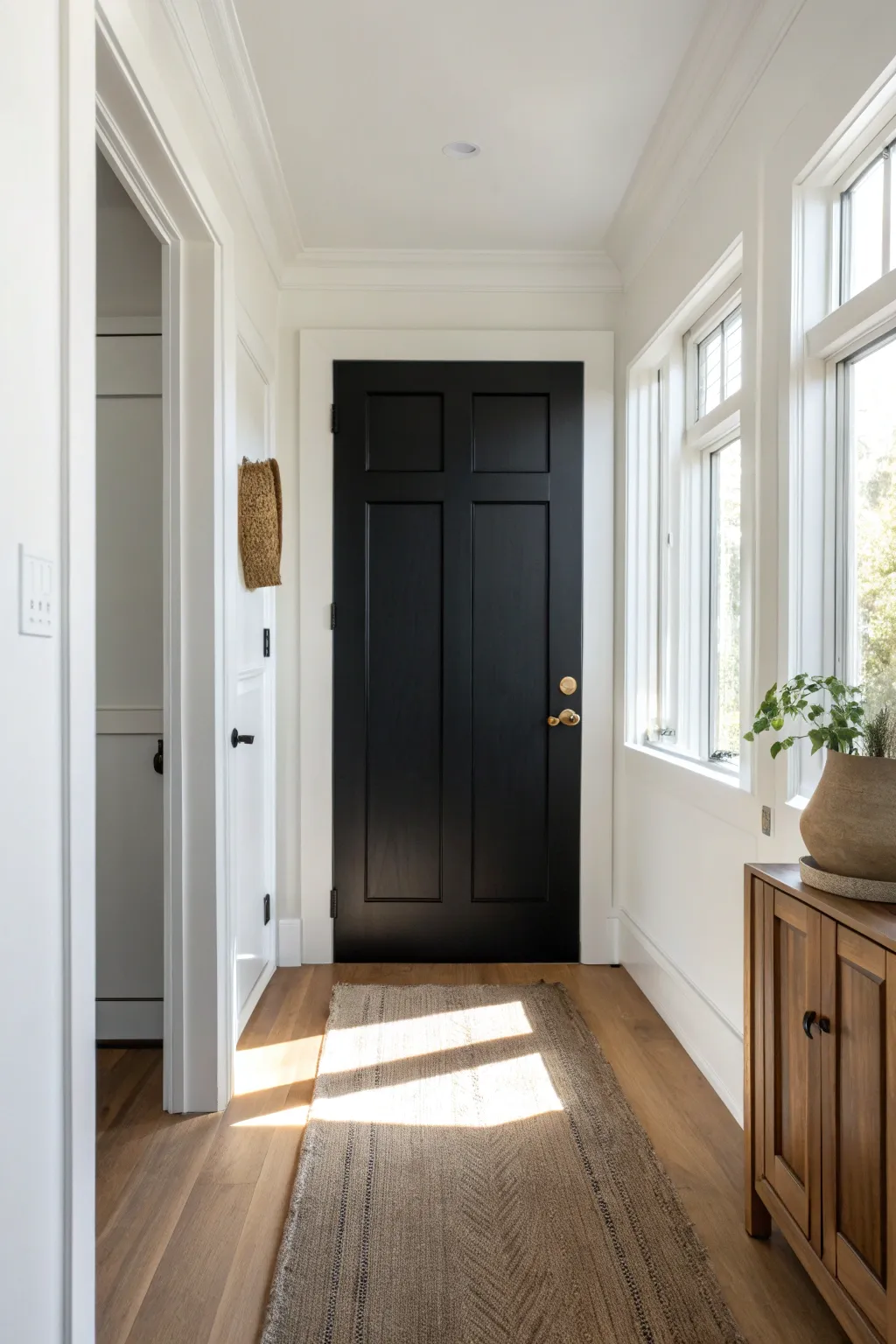 Classic matte black statement door against bright walls, clean lines and warm brass contrast.