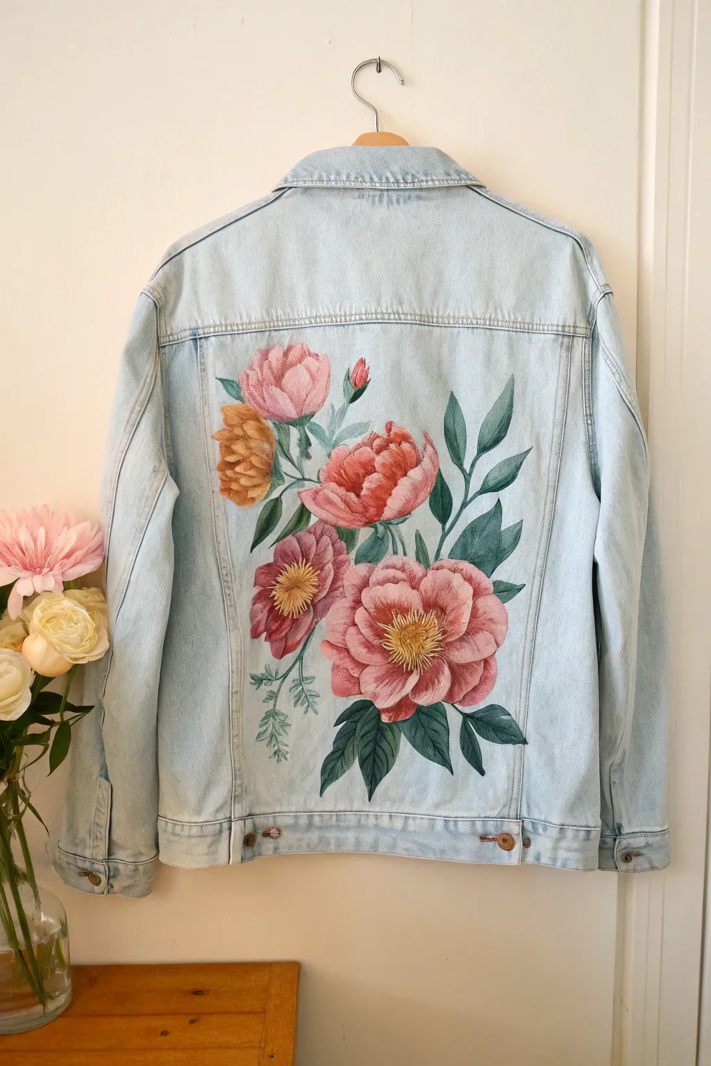 Back-panel floral bouquet on a denim jacket, bright hand-painted petals with minimalist boho charm.