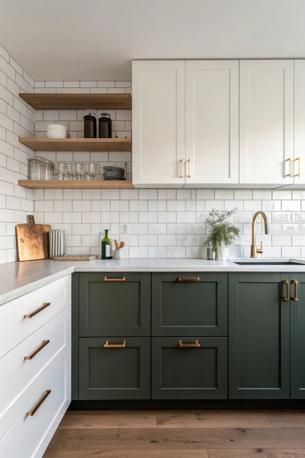 Classic two-tone cabinets: bright uppers with darker lowers for a clean, intentional contrast.