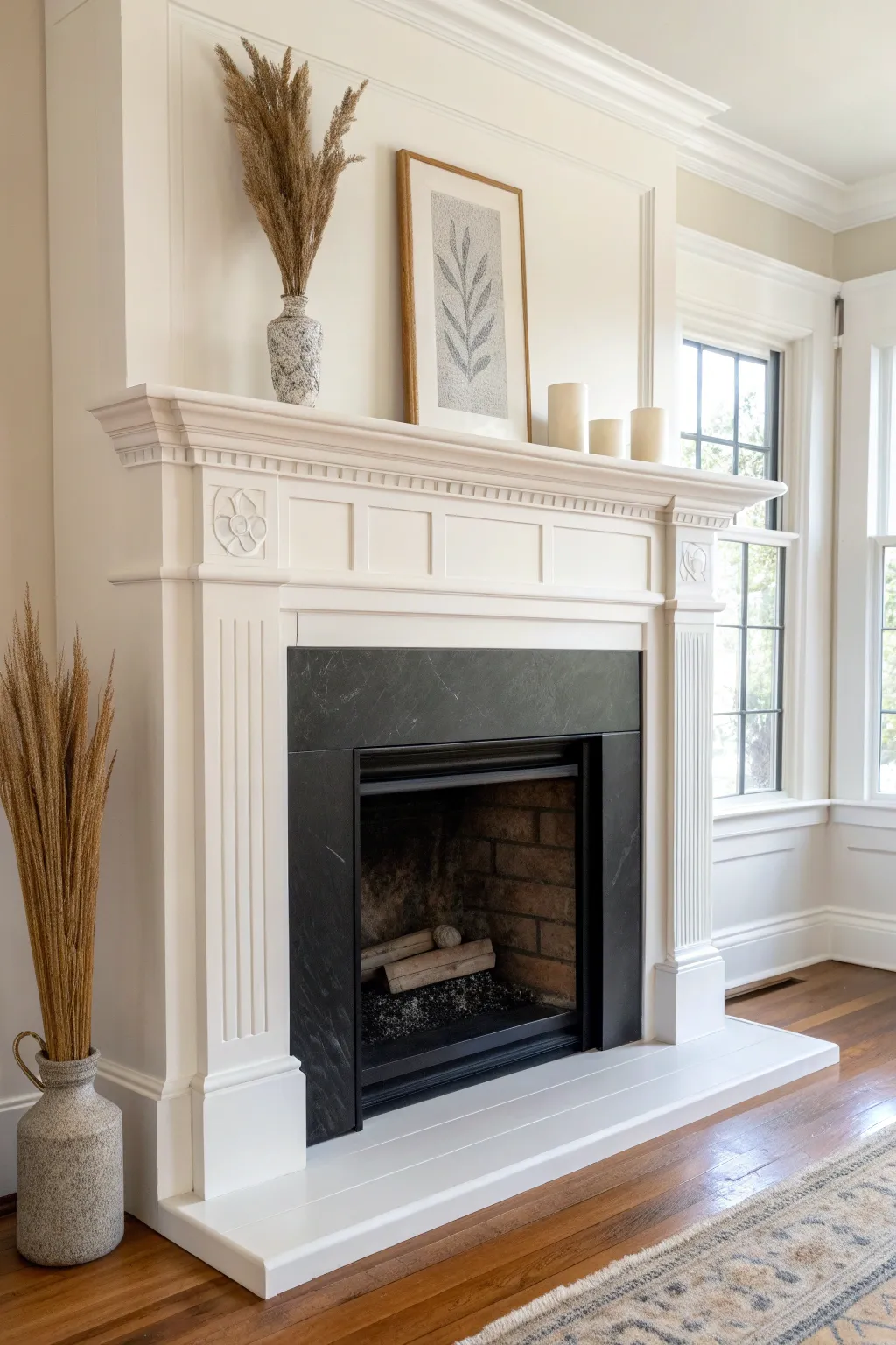 Crisp white mantel styling with a dark firebox opening for a clean, classic contrast look.